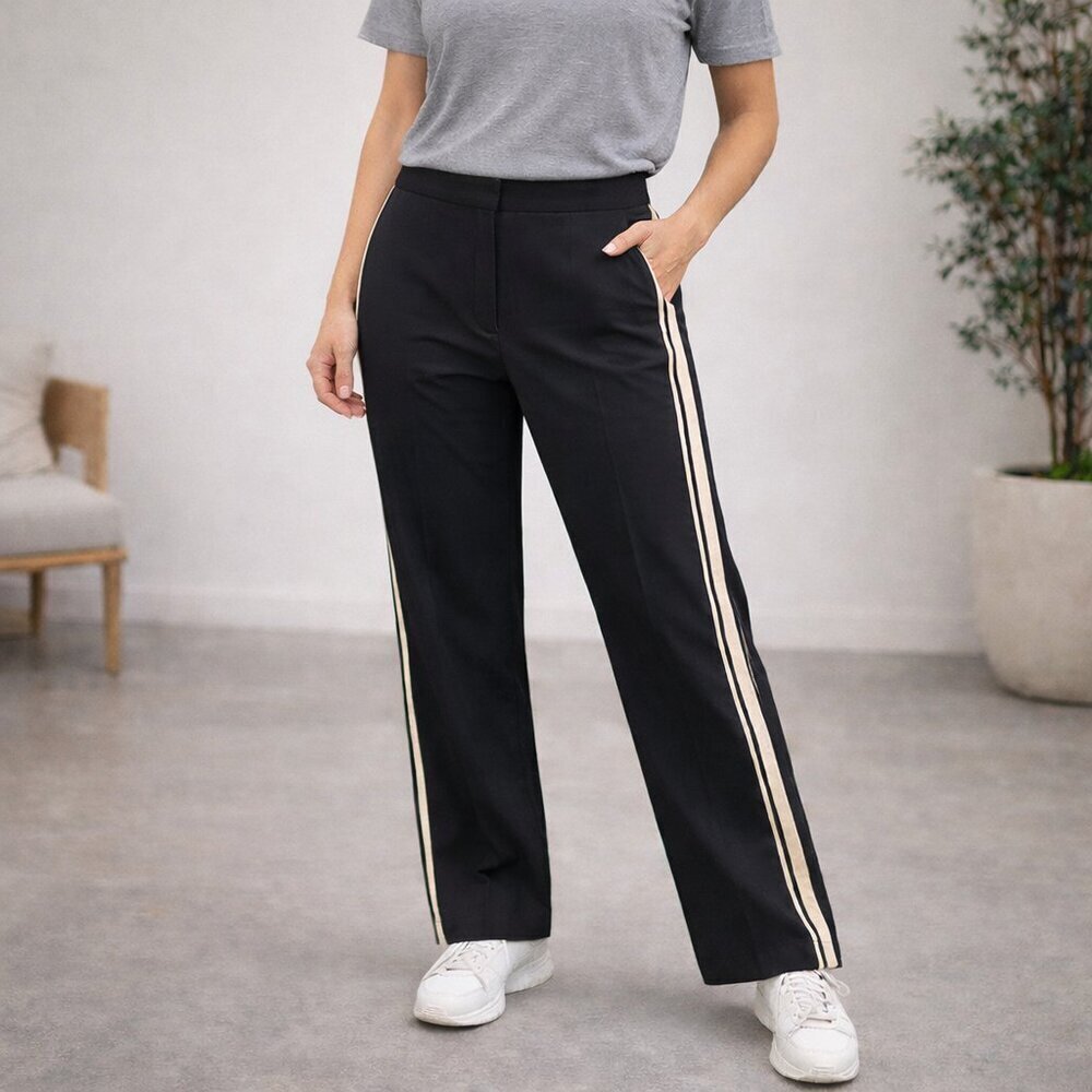 Whistles Ezra Black Side Stripe Straight Leg Trousers Size 10 NWT Sporty Casual